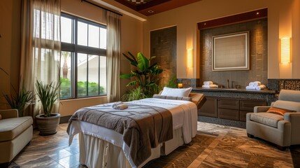 Spacious, well-lit spa treatment room with a massage bed, natural light, and tasteful decor