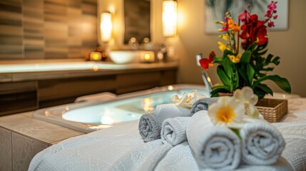 Pristine spa bathroom with a bathtub centerpiece, fresh flowers, and neatly rolled towels evoking serenity