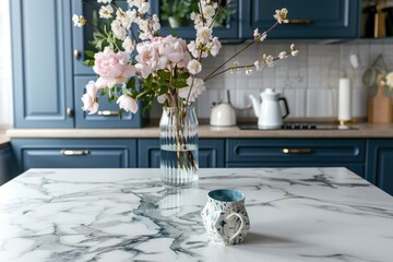 Empty and clean marble dining table in scandinavian kitchen. Modern monochrome interior with blue drawers on wooden furniture. Tablewear and vases with flowers - generative ai