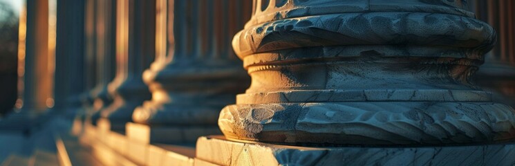 A closeup of the side view of several large stone pillars in front of an architectural building, representing law and justice Generative AI - obrazy, fototapety, plakaty