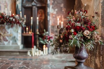 church or chapel decorated for wedding or event with burgundy color flowers and candles