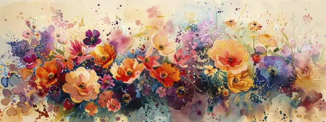 A lively dance of assorted wildflowers blooms in a vibrant, abstract watercolor masterpiece, creating a floral symphony.