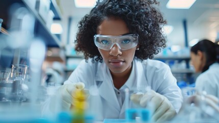 A curly-haired scientist is busy conducting experiments using various lab equipment, surrounded by colleagues