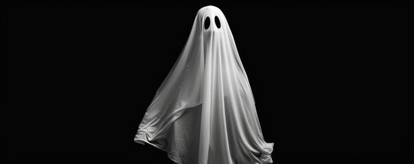 A ghostly figure stands draped in a sheer white fabric amidst swirling smoke, signifying mystery or horror