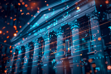 Futuristic Digital Central Bank Concept. A conceptual digital artwork depicting the intricate, glowing circuitry of a futuristic central bank, symbolizing advanced financial technology.