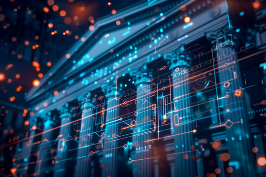 CBDC central bank digital currency Concept. A conceptual digital artwork depicting the intricate, glowing circuitry of a futuristic central bank, symbolizing advanced financial technology.