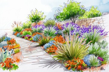 garden with california native plants and pathway landscape design sketch illustration on white