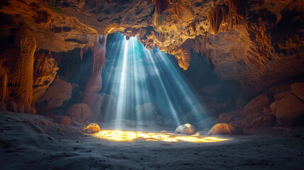 Dark karst cave with bright light from exit in jungle, inside wild red mountain cavern. Concept of nature, sunlight, landscape, entrance, opening