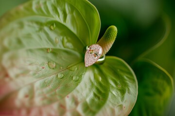 princess cut engagement ring closeup put on the pistil of green anthurium