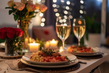 Fototapeta premium romantic vegan dinner and champagne in glasses on a date for two. Healthy eating habits. 