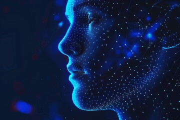 human face in digital neon connected dots data visualization and futuristic technology