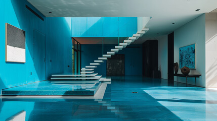 Bold cerulean entrance hall with a sleek floating staircase and contemporary art in an American home.