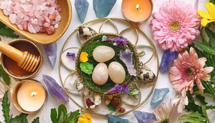 altar for spring ostara sabbath wiccan wheel of the year with flowers crystals eggs esoteric ritual for ostara pagan holiday magical spring equinox close up top view