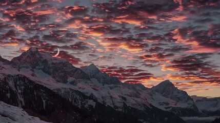  A snow-covered mountain beneath a cloudy sky, featuring a crescent moon in both the middle of the sky