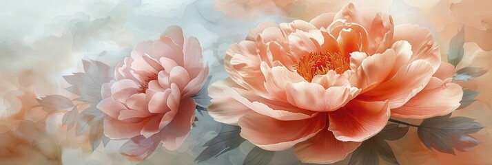 Capturing the delicate essence of sunlit peony blooms in a soft, pastel watercolor wash with a gentle focus on their petals.