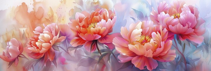 Capturing the delicate essence of sunlit peony blooms in a watercolor painting with soft focus and pastel hues against a gentle wash backdrop.