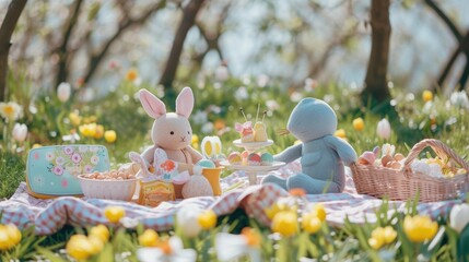 Fototapeta premium Family picnic set with dessert and hot tea placed surrounded with cheery blossom blooming at garden in spring season. Food and sweet on picnic blanket and prepare for spending time together. AIG42.