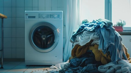 realistic photo: image of dirty laundry piled up next to a washing machine, symbolizing the concept of laundry and cleanliness