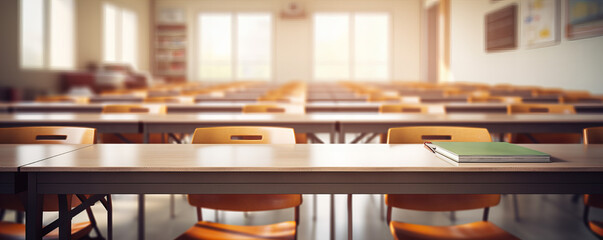 A many school desk with chairs in the university clasroom, modern school concept.