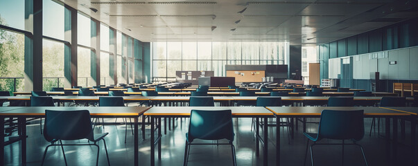 A many school desk with chairs in the university clasroom, modern school concept.