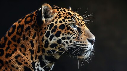   A close-up of a leopard's face on a black background with a blurred image in the background
