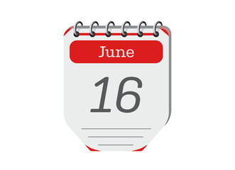 16 june creative calendar reminder page vector. Retro 3d one day calendar date appointment, deadline, event reminder illustration. Abstract red three dimensional daily date calendar. 