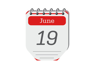 19 june creative calendar reminder page vector. Retro 3d one day calendar date appointment, deadline, event reminder illustration. Abstract red three dimensional daily date calendar. 