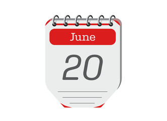 20 june creative calendar reminder page vector. Retro 3d one day calendar date appointment, deadline, event reminder illustration. Abstract red three dimensional daily date calendar. 