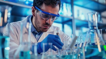 A scientist analyzes test tubes with various colored solutions in a well-equipped laboratory, signifying innovation and research