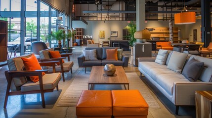 Fototapeta premium Beautifully arranged furniture collection in a well-lit showroom with a focus on elegant design and stylish comfort