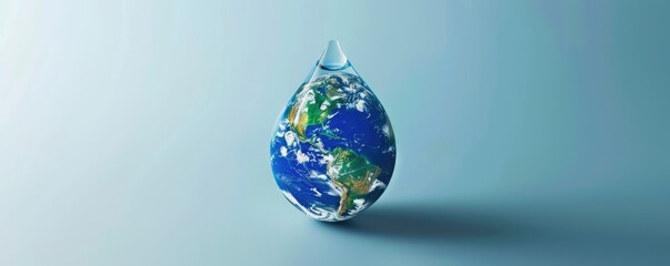 water droplet with the Earth's reflection symbolizes environmental conservation and purity. copy space for text.