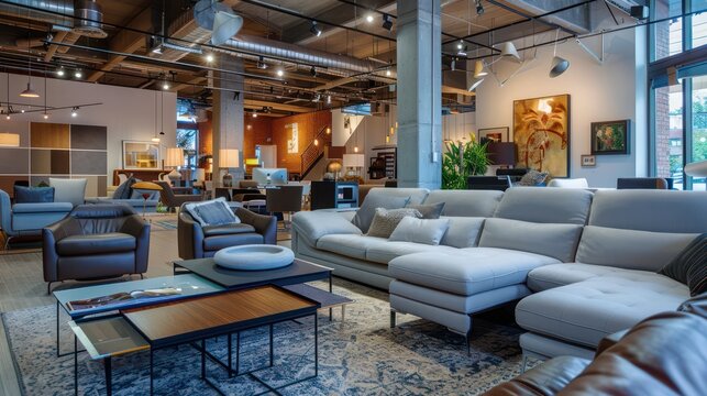 a wide array of modern furniture in an elegant showroom setting, highlighting comfortable seating options and chic design elements