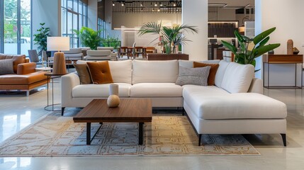 Fototapeta premium The bright and spacious showroom highlights a modern furniture set with clean lines and neutral tones