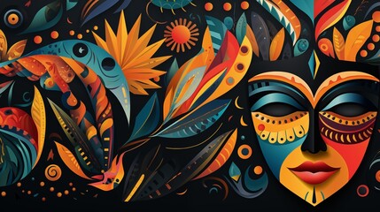 Vibrant and Colorful Abstract Illustration of Stylized Tribal Mask Surrounded by Floral Elements.