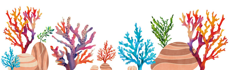 Fantasy tropical reef. Colorful pattern with abstract corals and seaweed. Marine watercolor collection on white background
