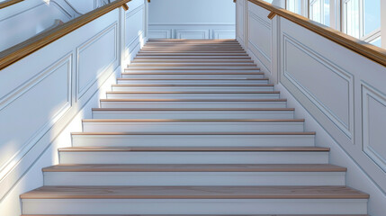 Classic ivory stairs with a wooden handrail, full front view showing all steps.