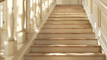 Classic ivory stairs with a wooden handrail, full straight view with detailed wood texture.
