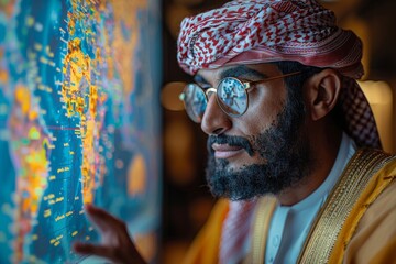 A man in traditional Arab dress is deeply focused on analyzing bright, complex virtual data visualizations on a large screen