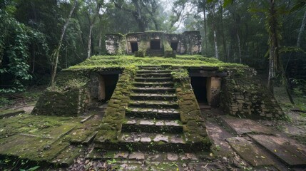 ruins of an indigenous village in the Amazon with fog