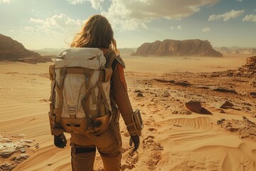Trekker dressed in a space suit-like outfit, exploring a desert similar to the Martian surface at noon - Powered by Adobe