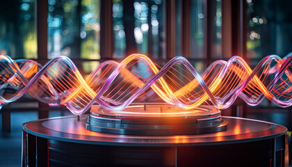 A 3D DNA strand in a lab, symbolizing the fusion of biology and tech