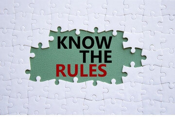 Know the rules symbol. Concept words Know the rules on white puzzle. Beautiful grey green...