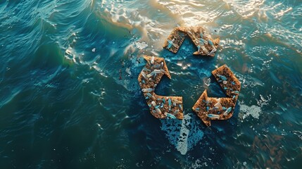 Recycling symbol amidst ocean plastic waste. Generative AI image - Powered by Adobe