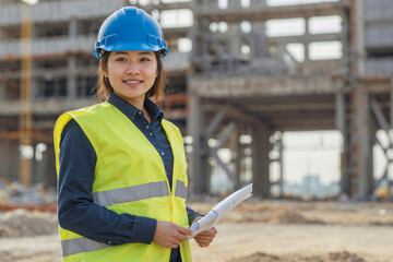 Fototapeta premium Happy Asian female engineer in helmet and a yellow vest holds project plans in her hands and stands against the background of a blurred construction site
