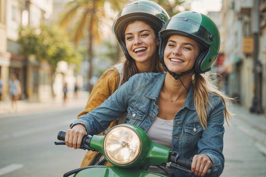 Two European women are riding a scooter on a city street. They are both wearing helmets and smiling