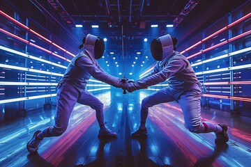 In a scene resembling a futuristic arena, two fencers engage in a duel surrounded by neon lighting...