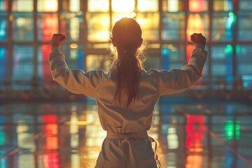 Fototapeta na wymiar Silhouette of young woman raising fists in victory stance against colorful sunset reflected in glossy floor
