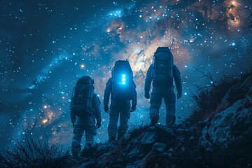Astronauts hiking on rugged terrain with backpacks under a star-filled cosmos