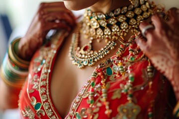 Indian bride preparing for her wedding ceremony with bright jewelry and detailed garments