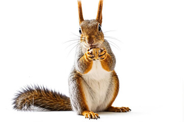 Obraz premium Portrait of eurasian red squirrel in front of a white background